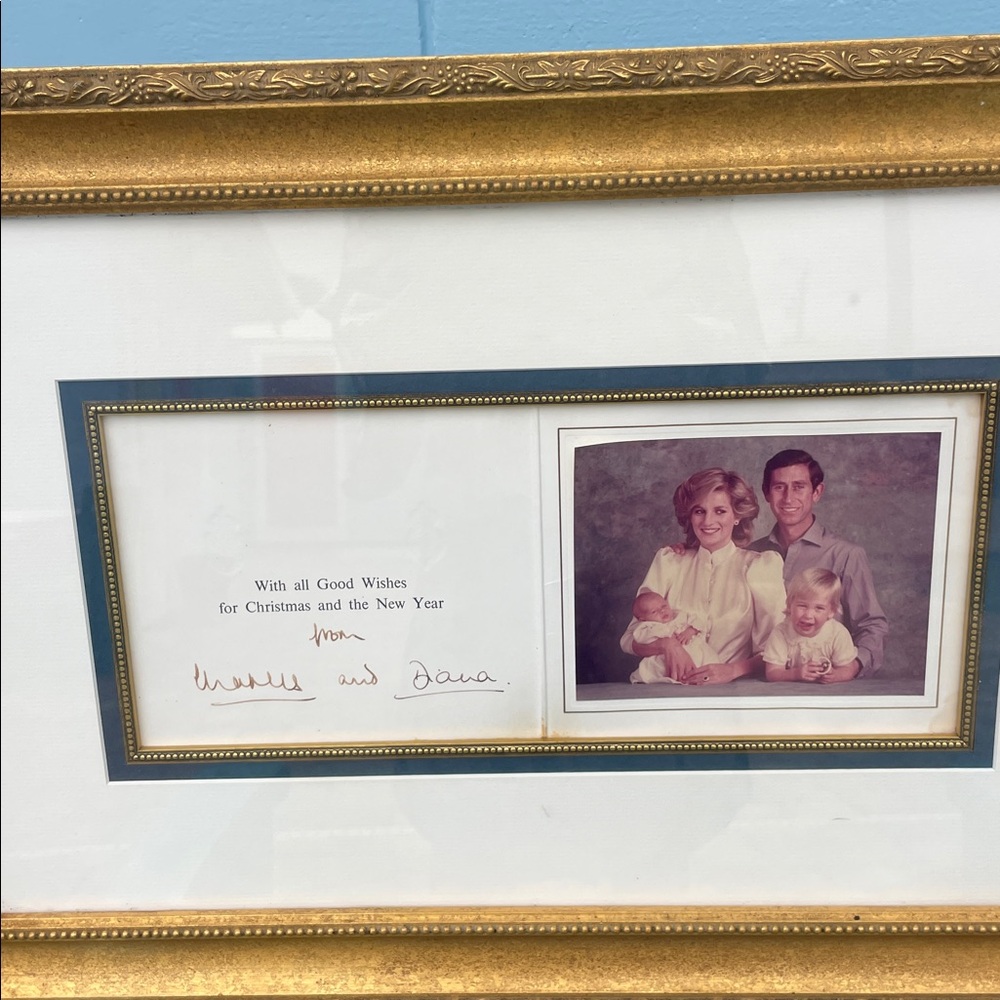 👑👸👑👸KING CHARLES & PRINCESS DIANA & kids 1984 Elegant Gold Framed Christmas Card